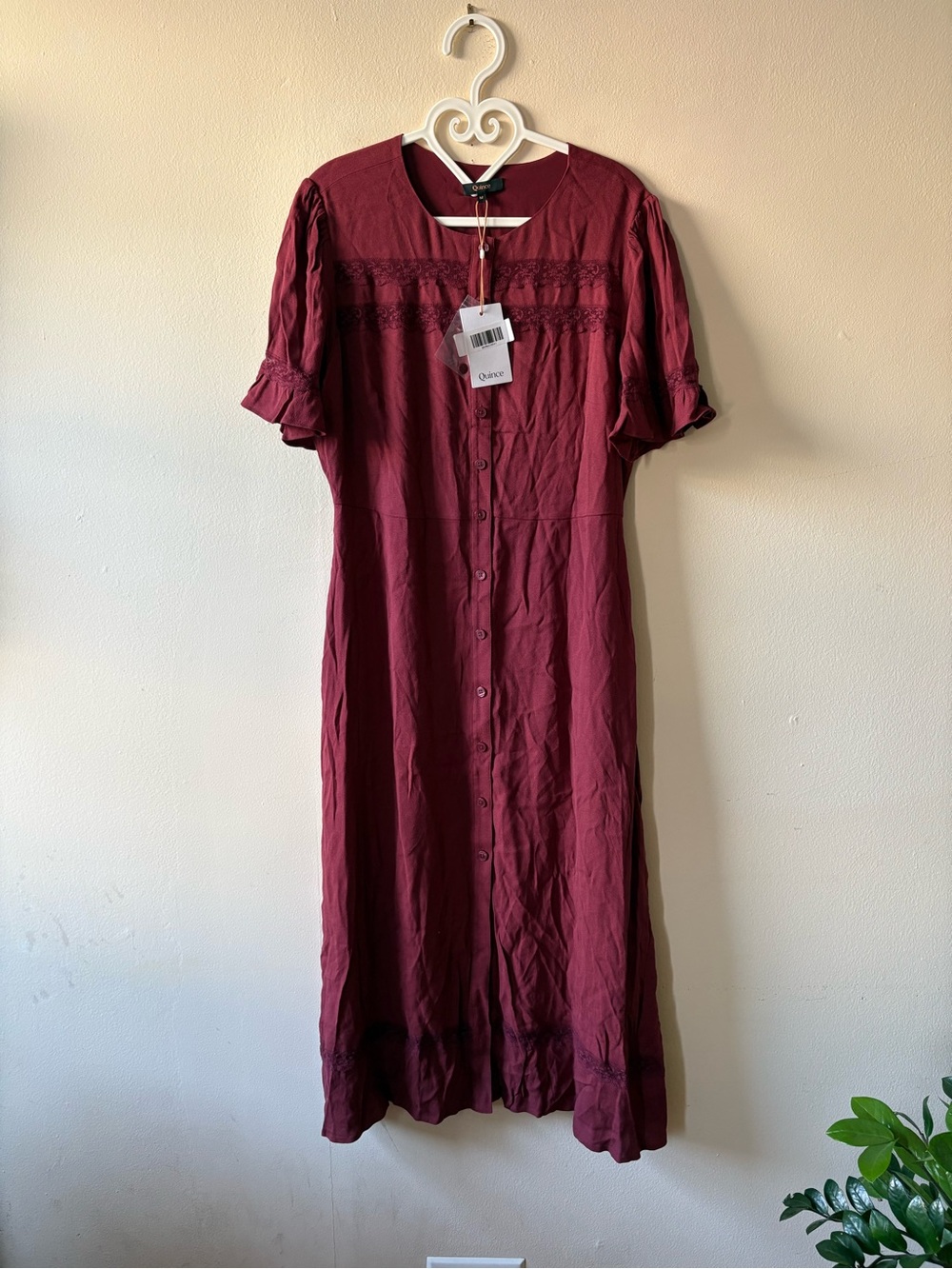 NWT Quince Lightweight Crepe Lace Inset Button-Front Midi Dress - Maroon, M